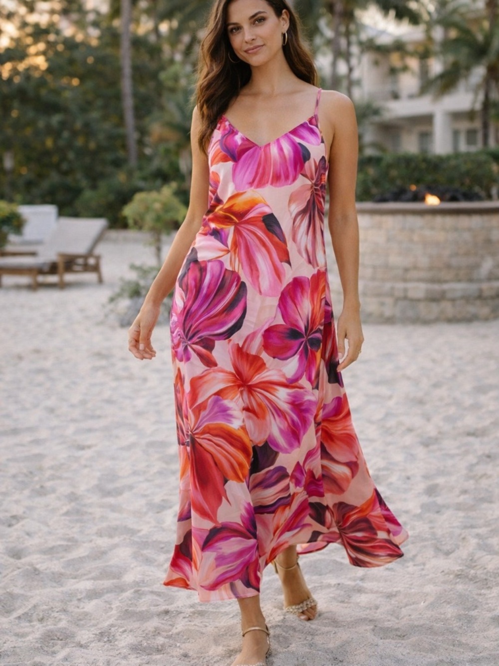 Karen Kane Floral Cupro Slip Dress Pink Purple Midi Resort M